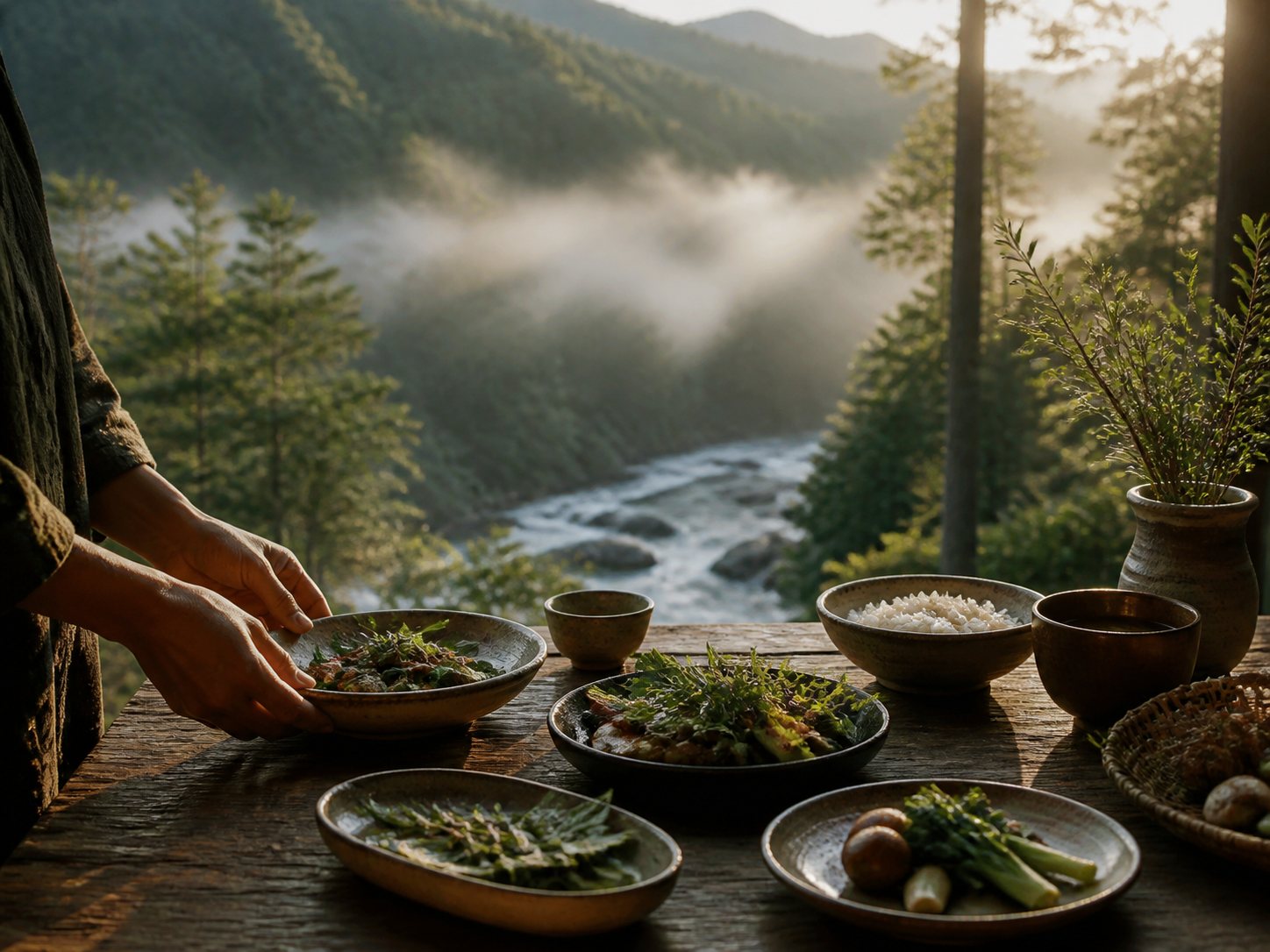 霧の森を背景に土地の食材が並ぶ静かな食卓