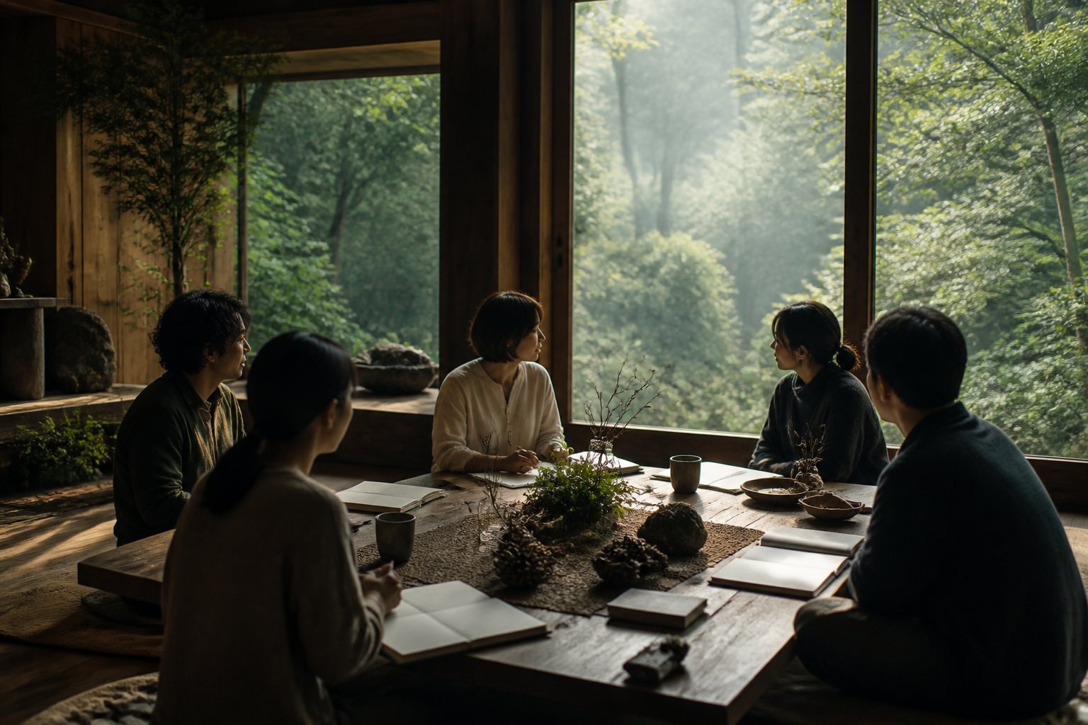 森を望む部屋でいのちのつながりを学ぶ人々